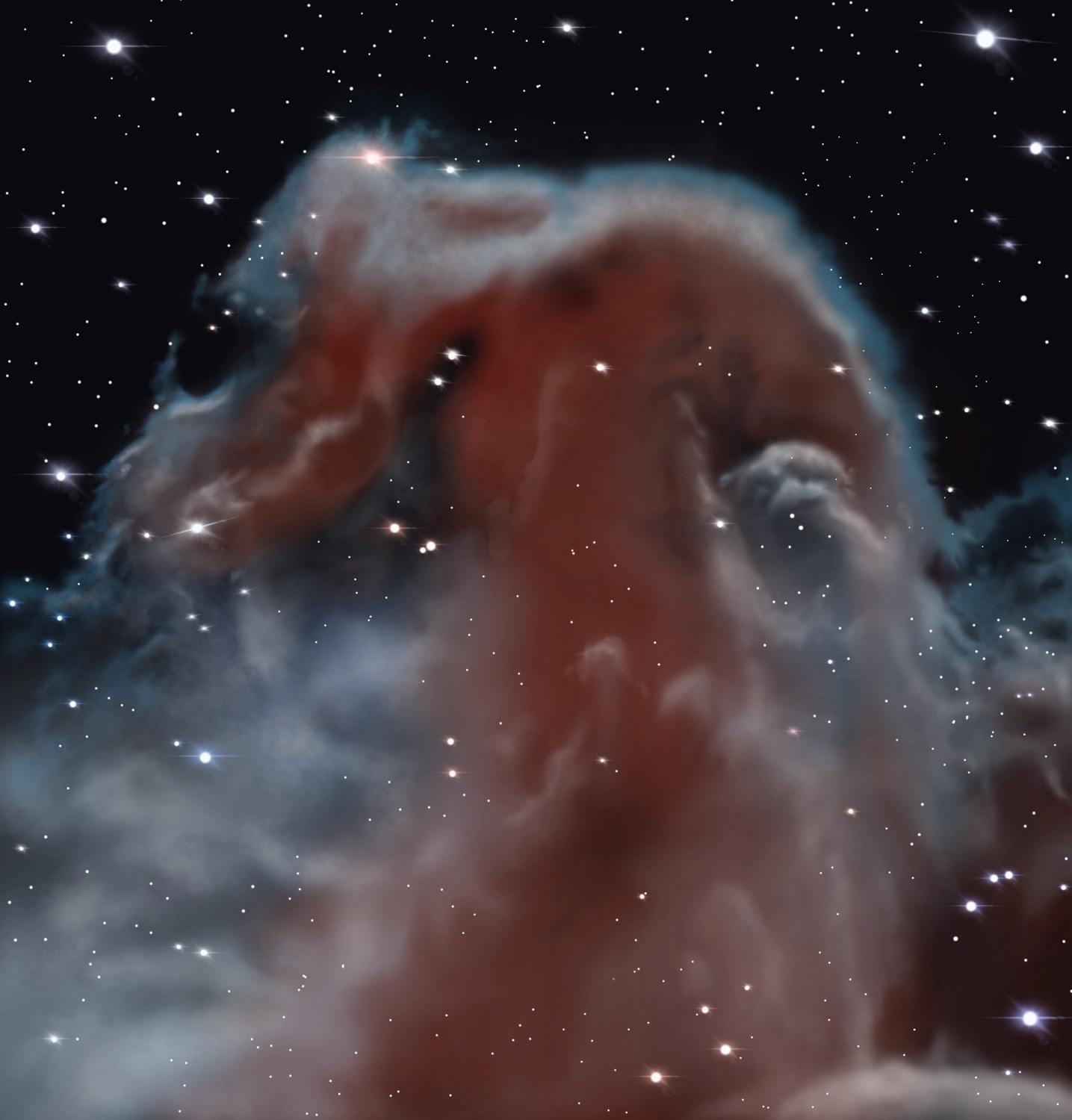 A painting of the Horsehead Nebula. The nebula is a cloudy mass of white and pinkish gas and dust in the shape of a horse head set against a starfield