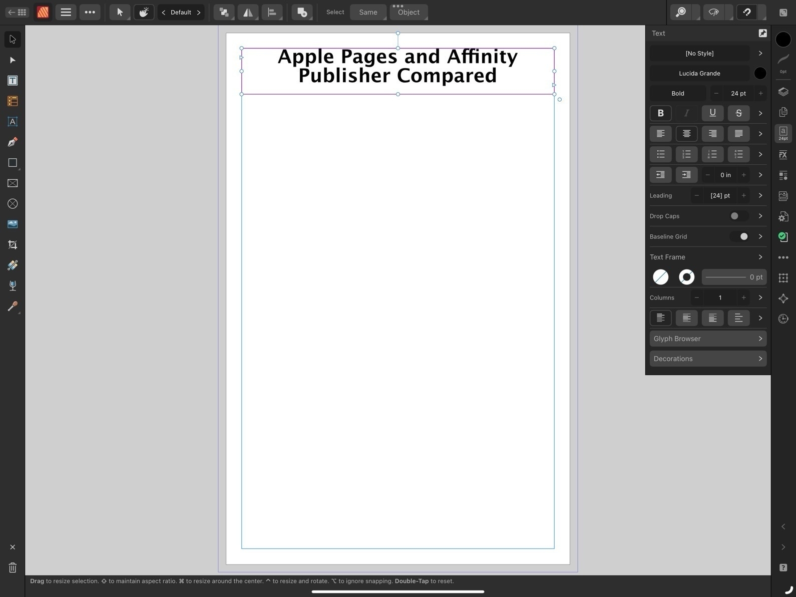 A screenshot of Affinity Publisher with a document and the sidebar of formatting tools palette on the right side