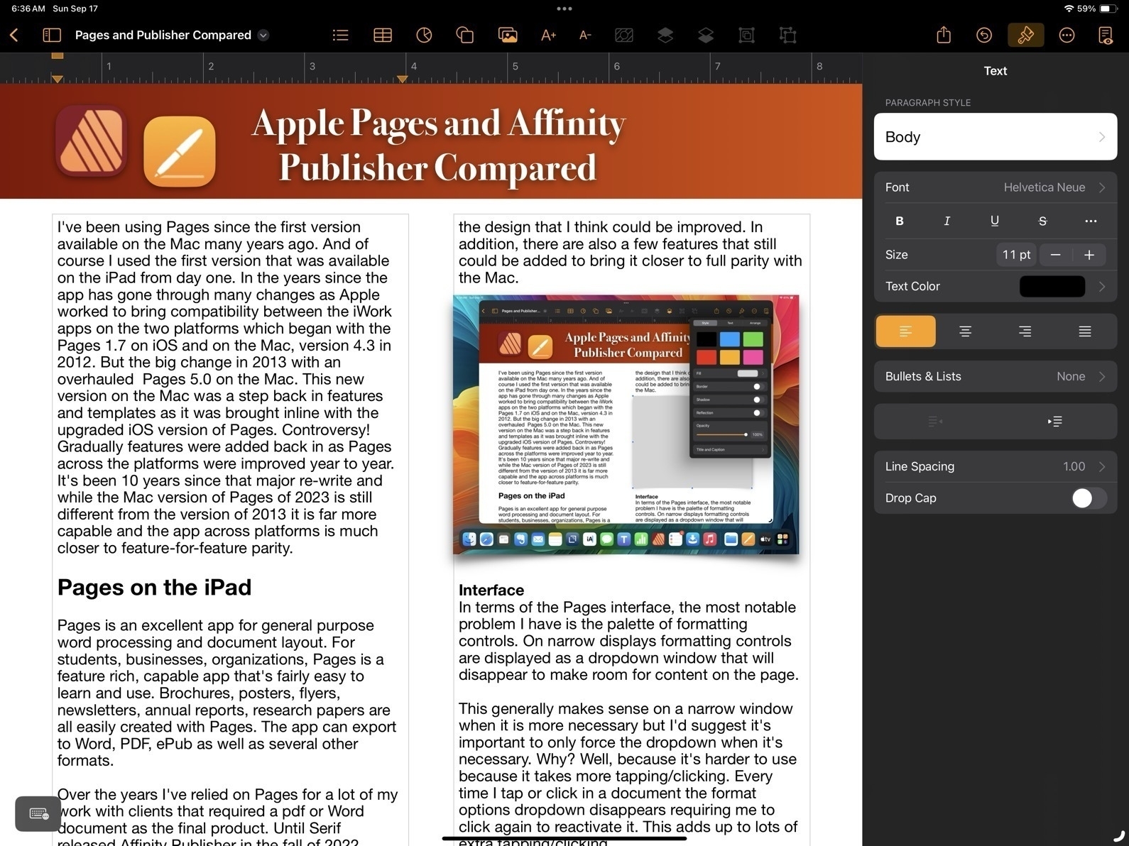 A screenshot of the Pages app with a document and the sidebar of formatting options