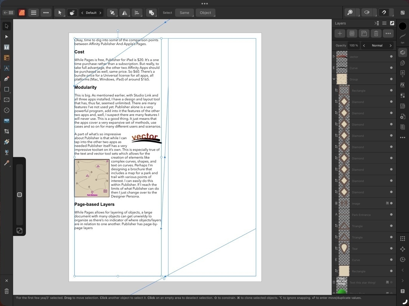 Screenshot of Publisher window with the layers panel open on the right side showing many layers and objects
