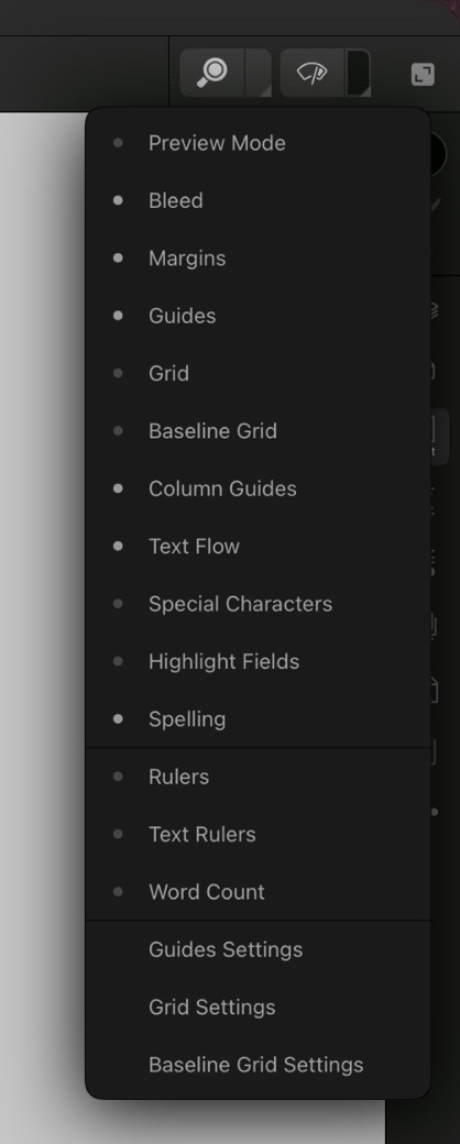 A screenshot of Publisher showing the dropdown menu for various options such as Bleeds and guides