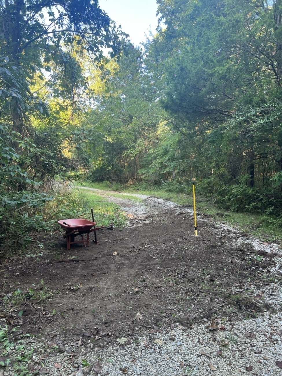 A gray gravel road through the woods. Very dark colored dirt is being raked from the left shoulder onto the gravel. It looks messy.