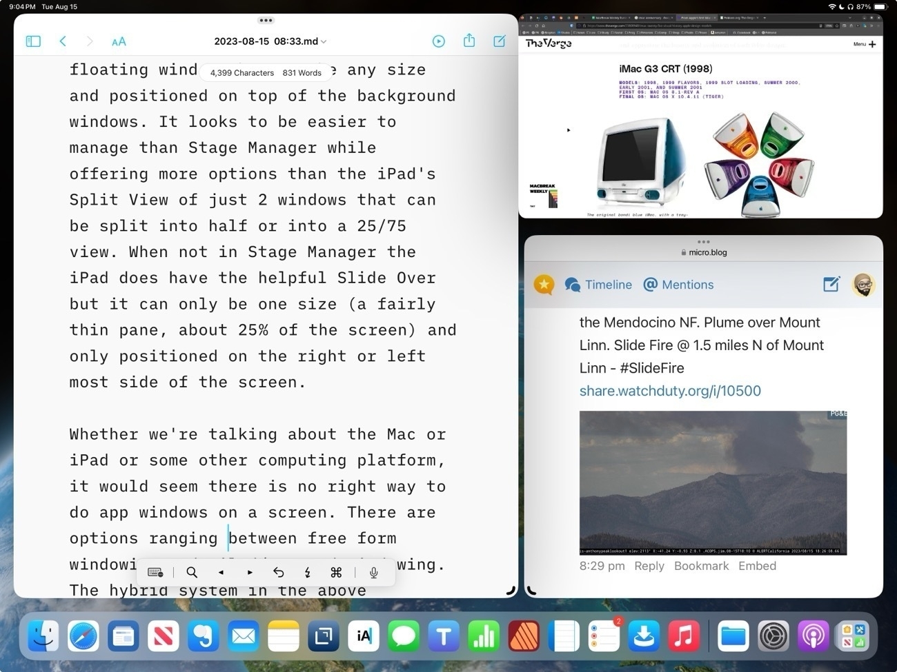A screenshot of 3 windows in Stage Manager on the iPad Pro