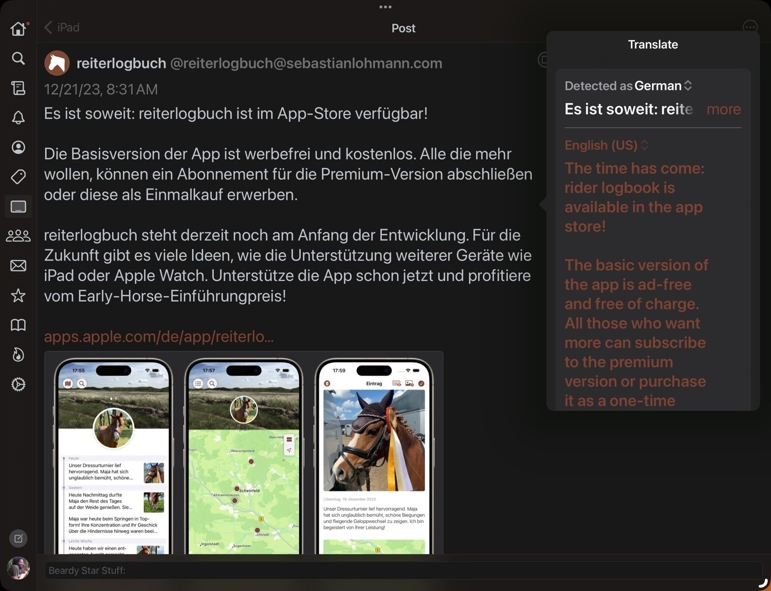 A screenshot of the app mona shows translated text