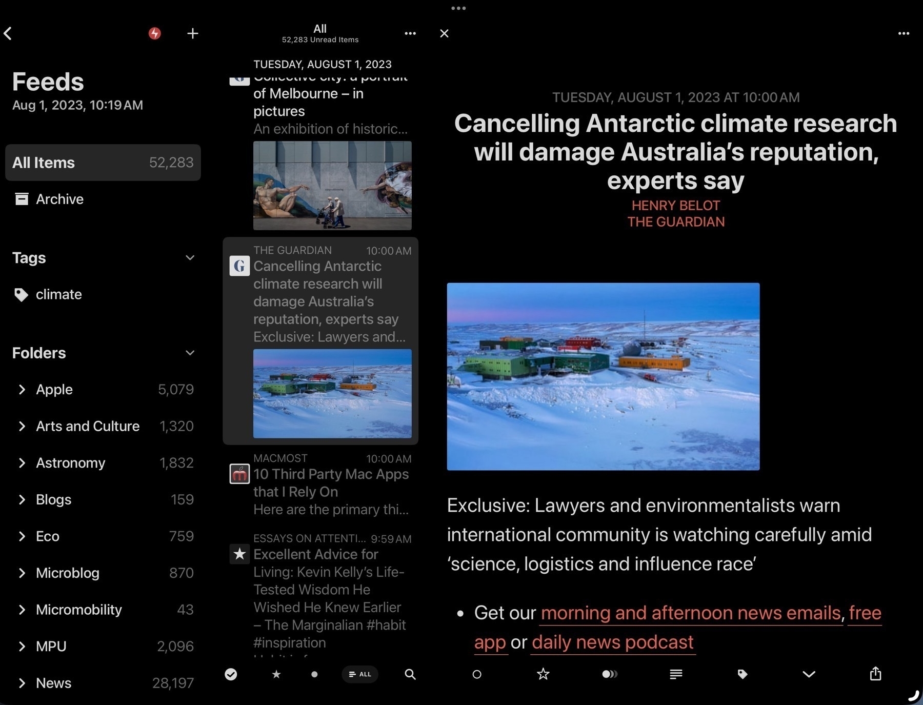 Screenshot of Reeder app on iPad