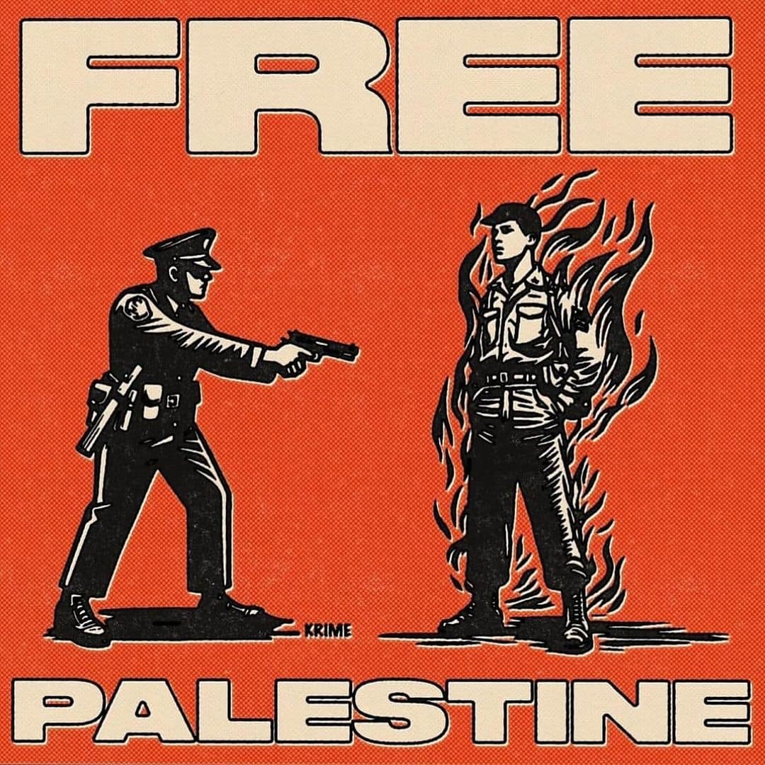 Orange graphic with words Free Palestine. Aaron Bushnell is standing on the right side of the image. He is uniformed and burning. To the left is a uniformed officer pointing a gun at Aaron. This is a depiction seen in the on-scene video when an officer on the scene spent several minutes pointing a gun at Aaron as he burned.