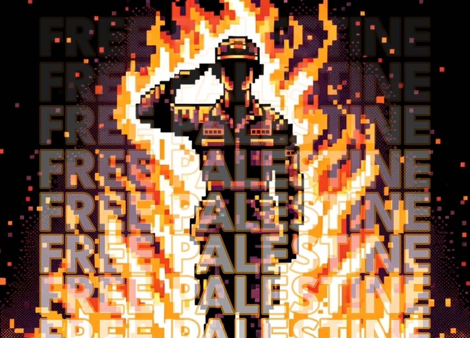 Pixel art style graphic that depicts a soldier standing in solute and facing forward. The soldier is engulfed in flames and the words Free Palestine are repeated in  bold, large graphical font from the top of the graphic to the bottom, each line: FREE PALESTINE.