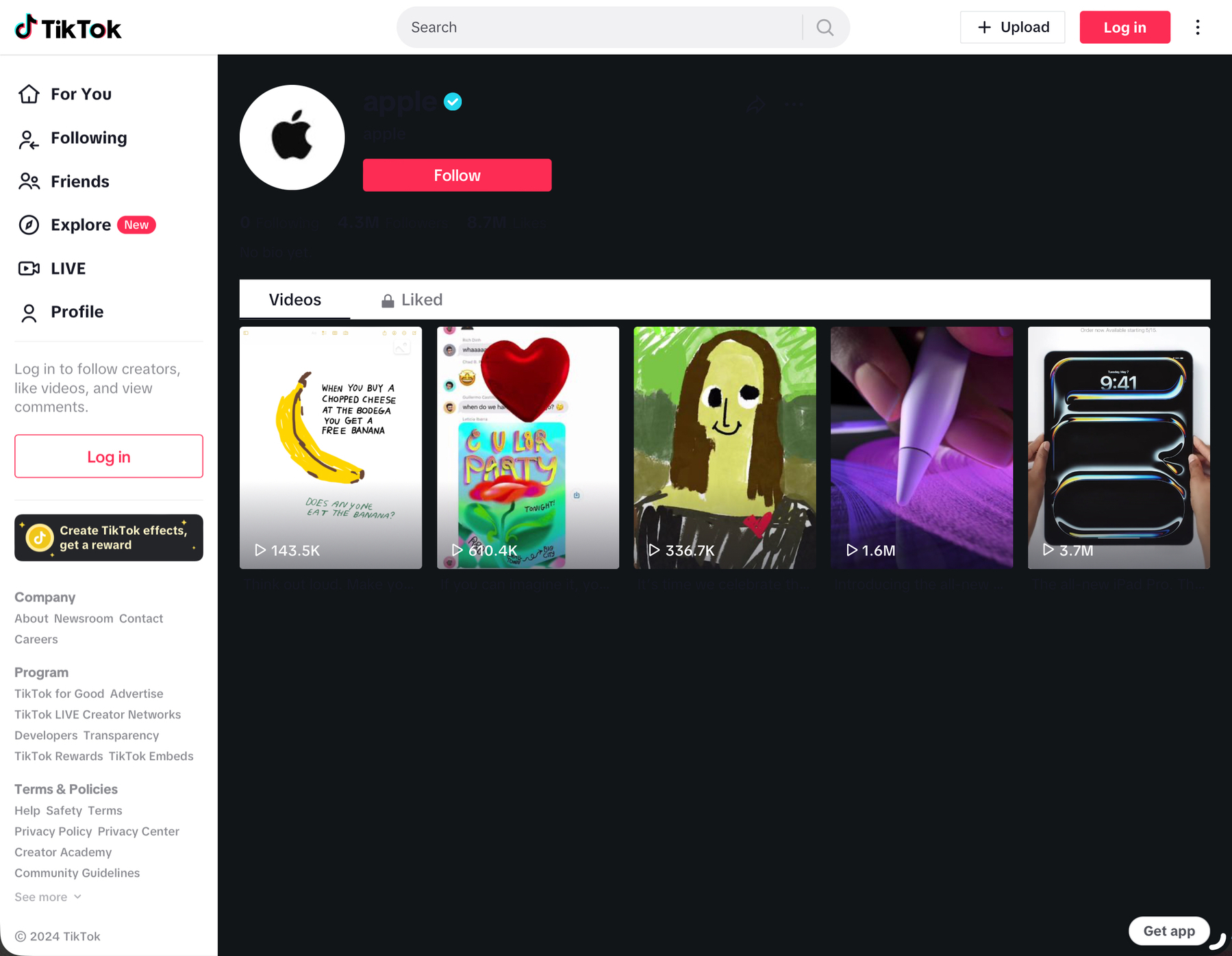 A streenshot of Apple's TikTok account showing 5 videos