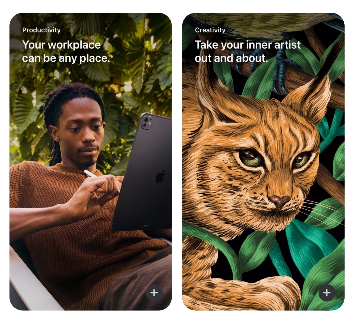 A screeshot from Apple's iPad website. It consist of two graphic panels. On the left a young man reclines and is holding an Apple Pencil in his right hand. In his left an iPad. Behind him a lush wall of green plants. Text on that panel reads: Productivity: Your workplace can be any place. The second panel is a painted wild cat with a forest background. The text reads Creativity: Take your inner artist out and about