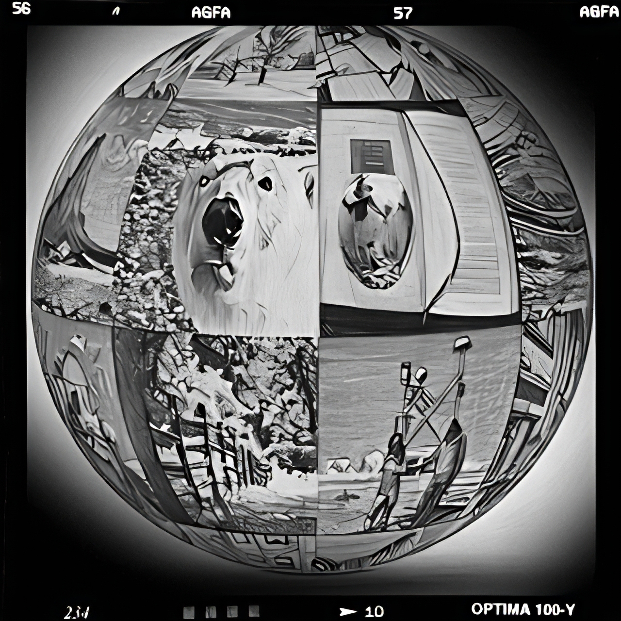 A spherical collage features various black-and-white images including a polar bear, a bird inside a box, people on a beach, and different outdoor scenes.