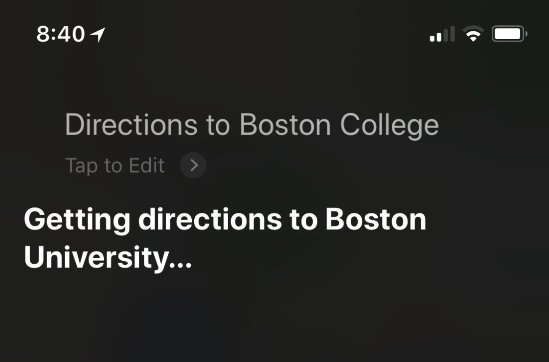 Image of a Siri screenshot showing directions to Boston College interpreted as Boston University.