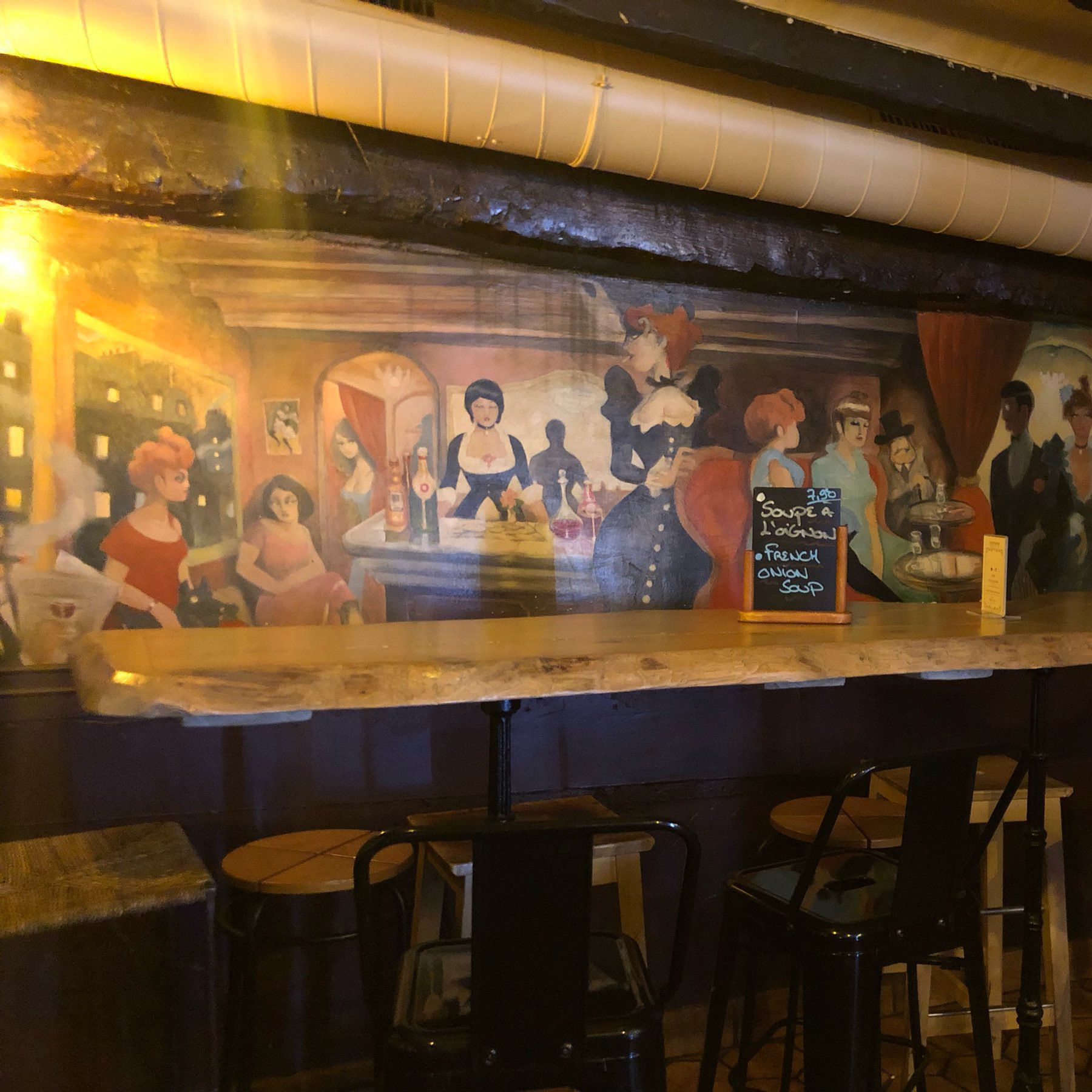 Interior picture of wall art depicting vintage French bar scene.