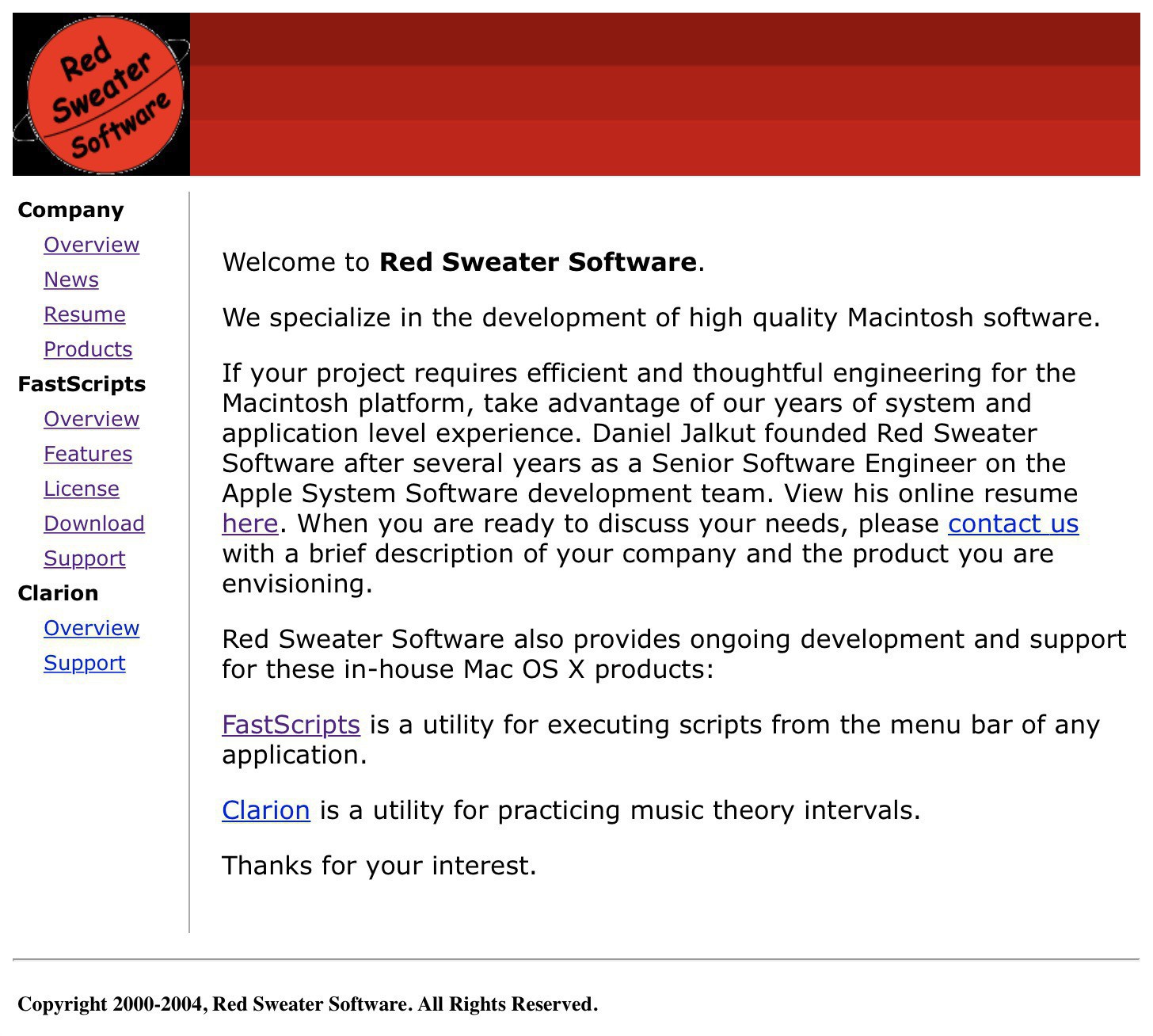 Screen capture of the Red Sweater home page as it appeared in 2004, featuring a "red planet" logo.