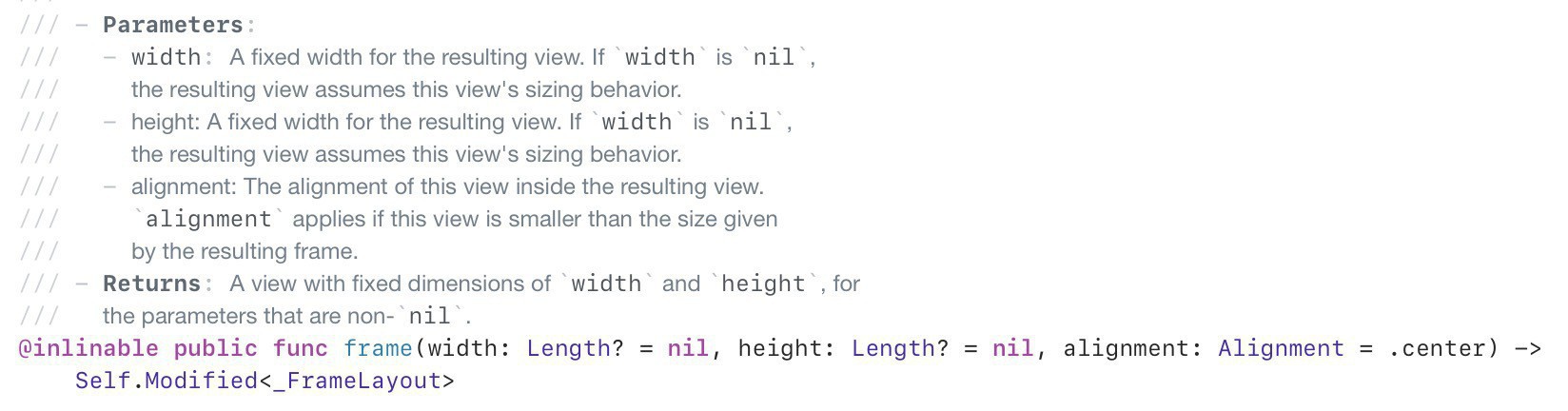 Screenshot of SwiftUI method declaration for View.frame, showing nullable width and height parameters.