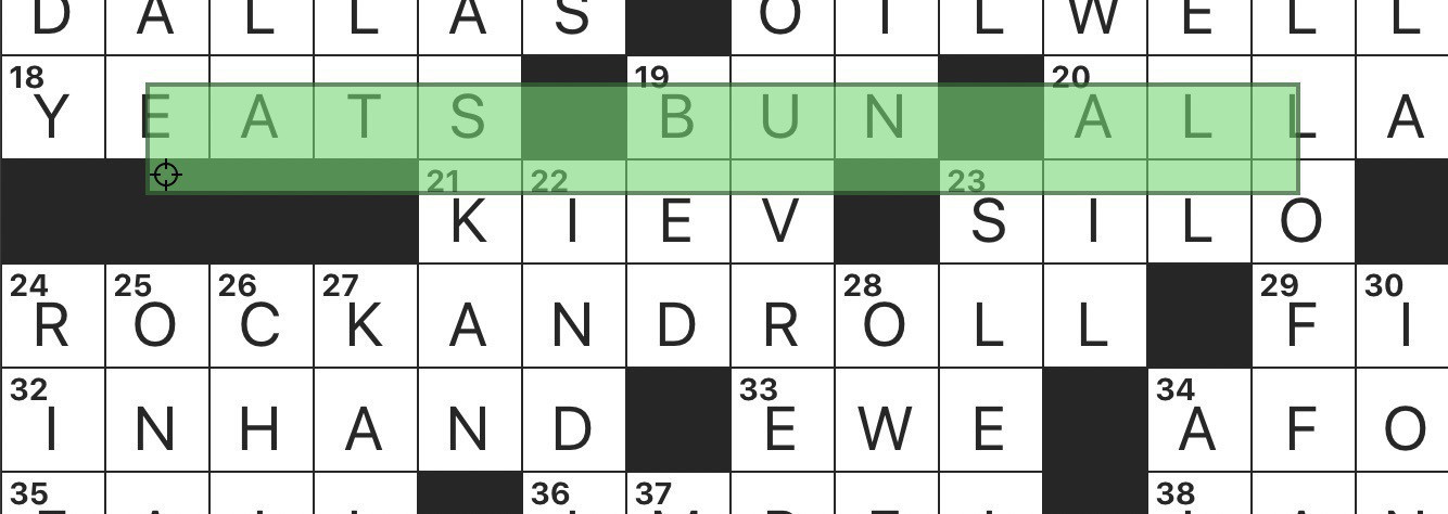 Screenshot of a crossword grid with the wrong portion of the screen selected, highlighting the accidental phrase "eats bun all".