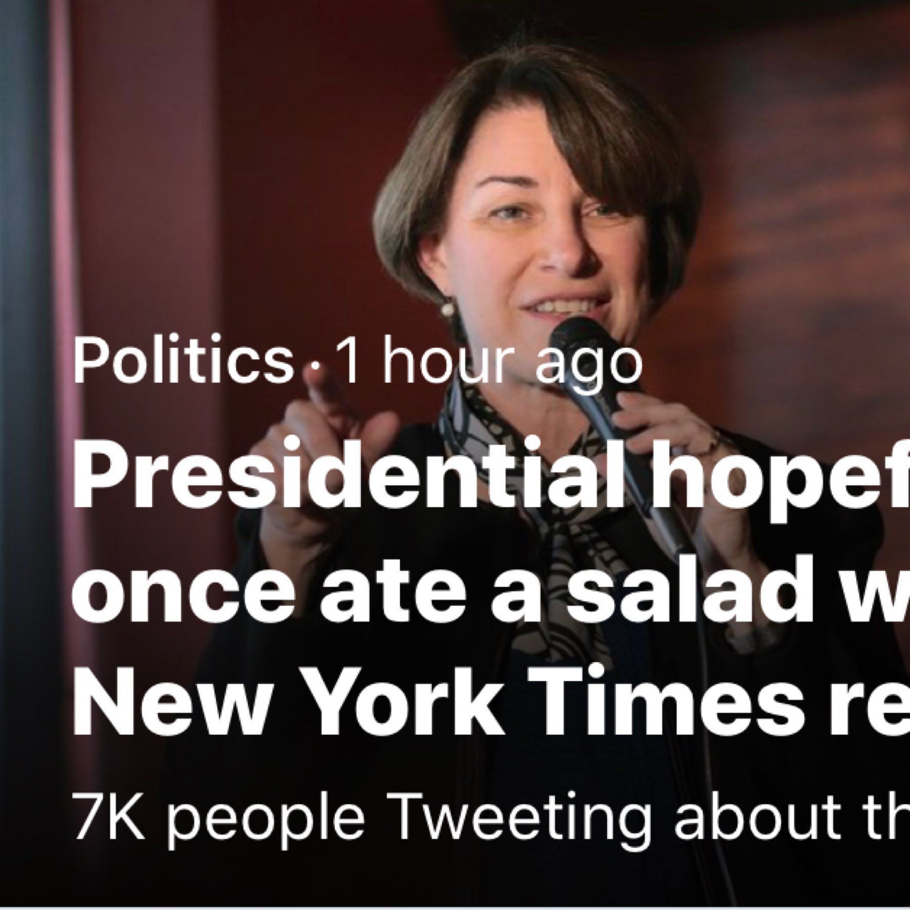 Screenshot of New York Times headline “Presidential hopeful Klobuchar once ate a salad with her comb”