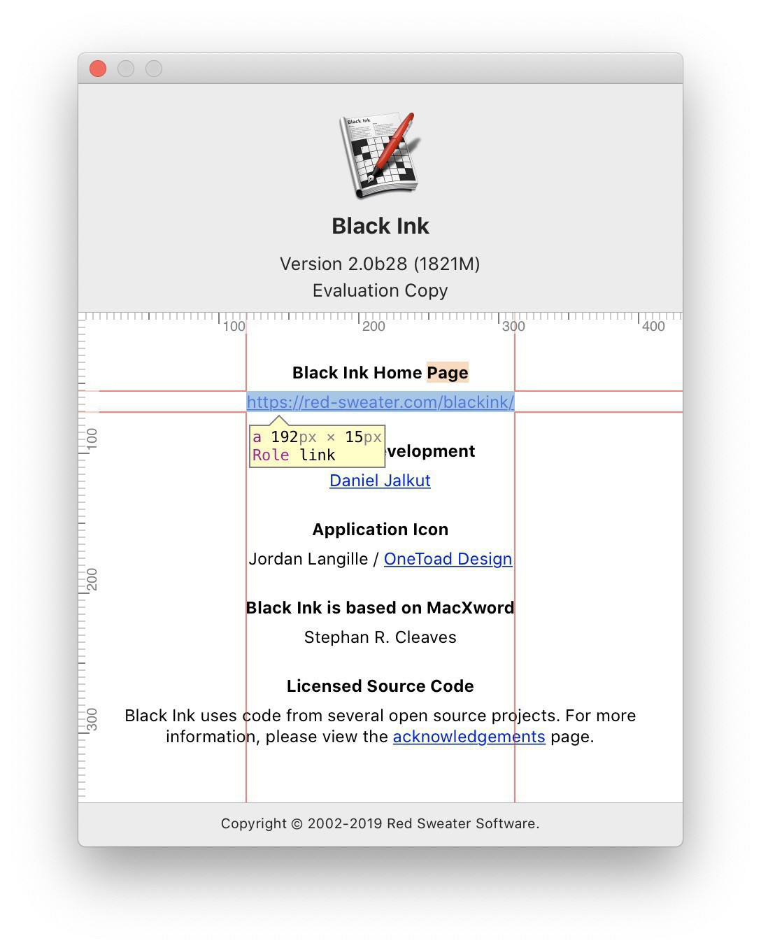 Screenshot of Black Ink's about box with web content identified and framed by alignment rulers.