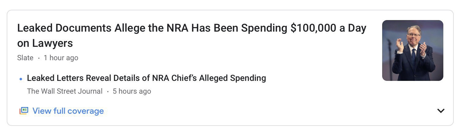 Screenshot of news headline: "Leaked Documents Allege the NRA Has Been Spending $100,000 a Day on Lawyers."