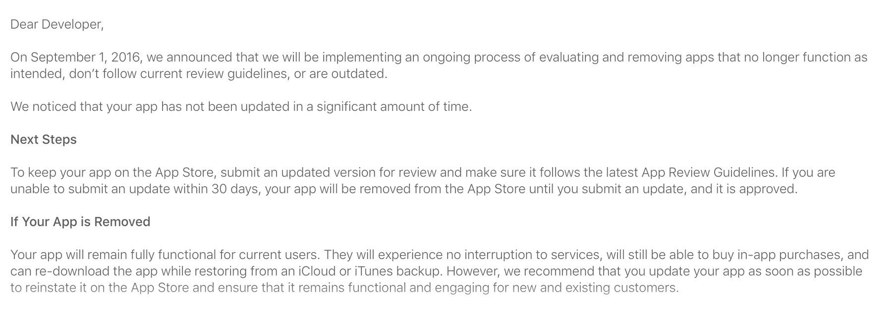 Screenshot of notice from Apple that an iOS app must be updated within 30 days or face removal.