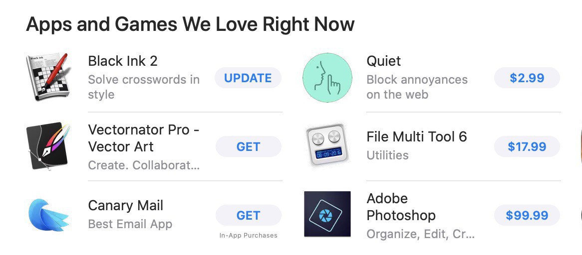 Screen shot of Mac App Store listing of "Apps and Games We Love Right Now", featuring Black Ink.