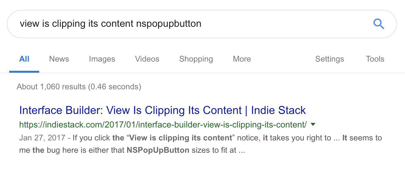 Screenshot of Google search for "view is clipping its content nspopupbutton" with a pertinent blog post on Indie Stack as the first result.