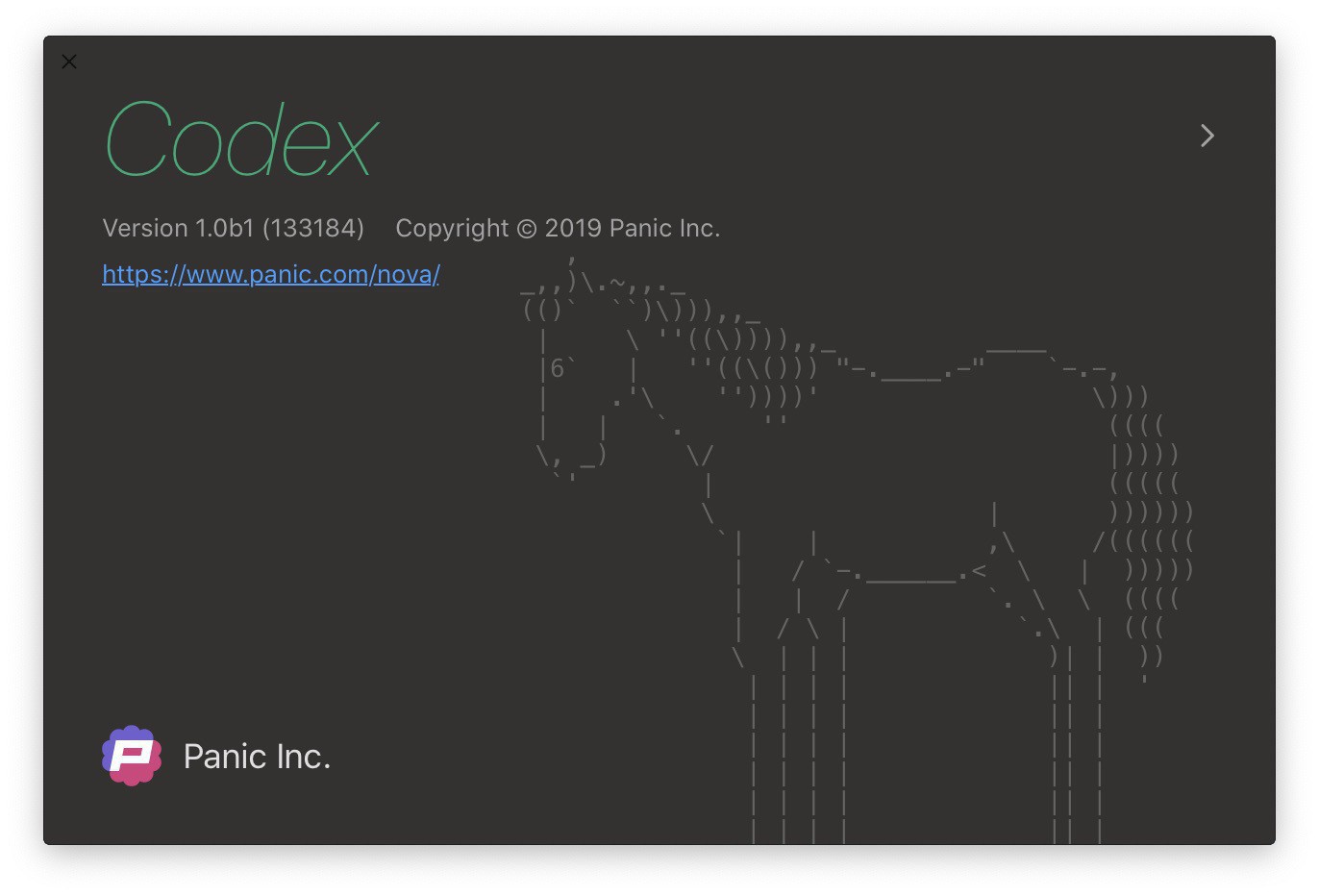 Screenshot of an about box with ascii art of a horse.