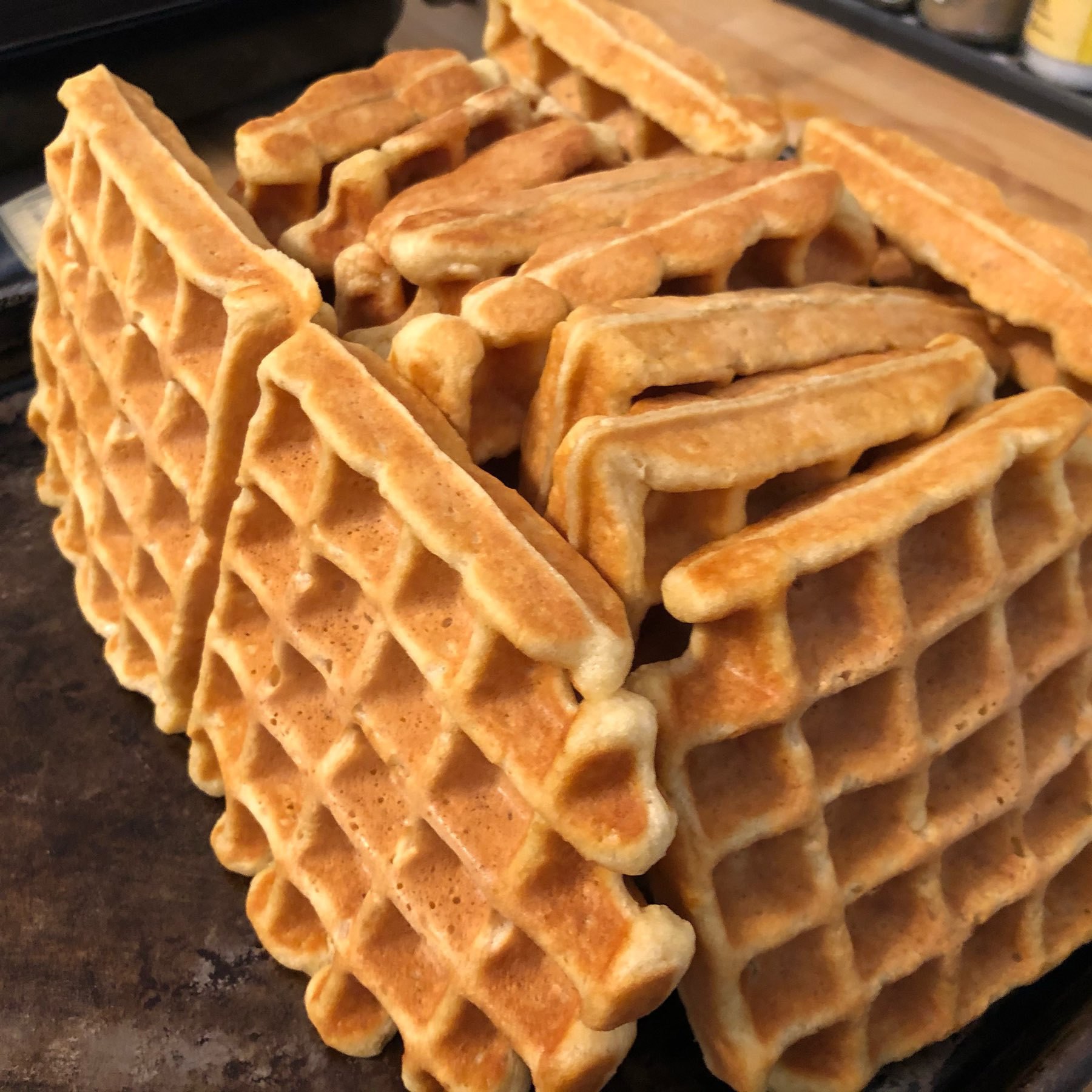 Stacks of home-made waffles.