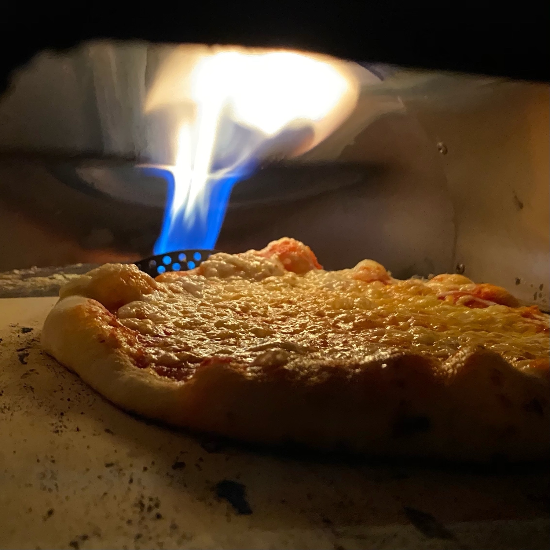 cheese pizza baking in an oven