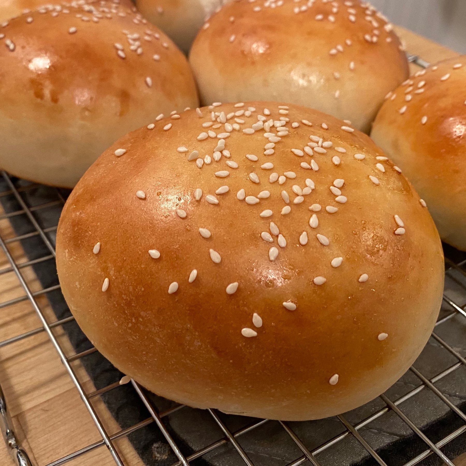 picture of browned homemade hamburger bun with sesame seeds