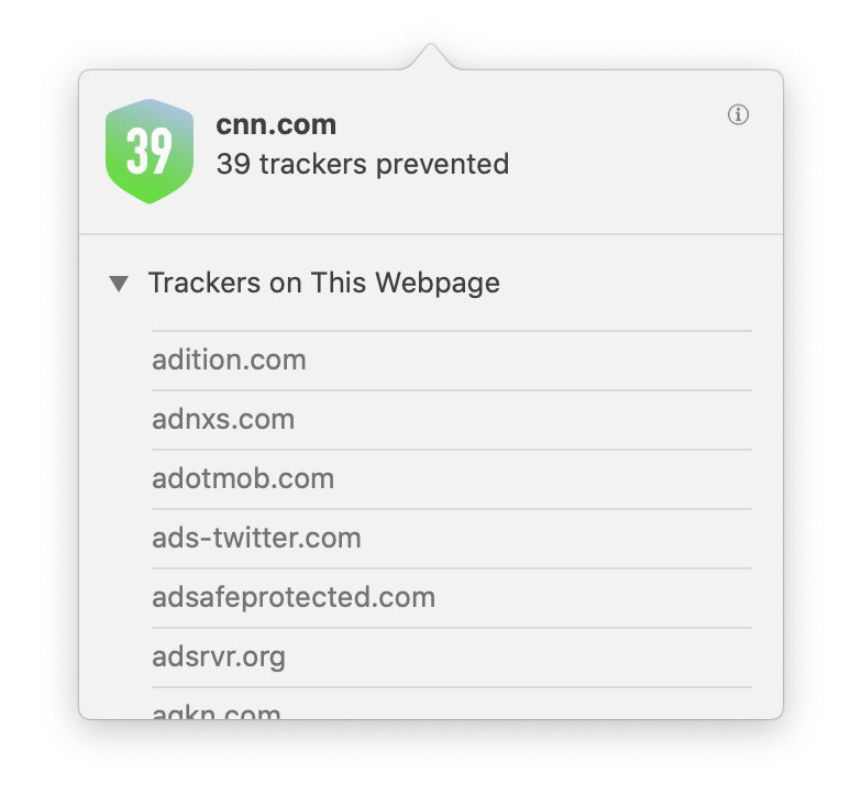 Screenshot of Safari popover showing 39 trackers prevented on cnn.com.