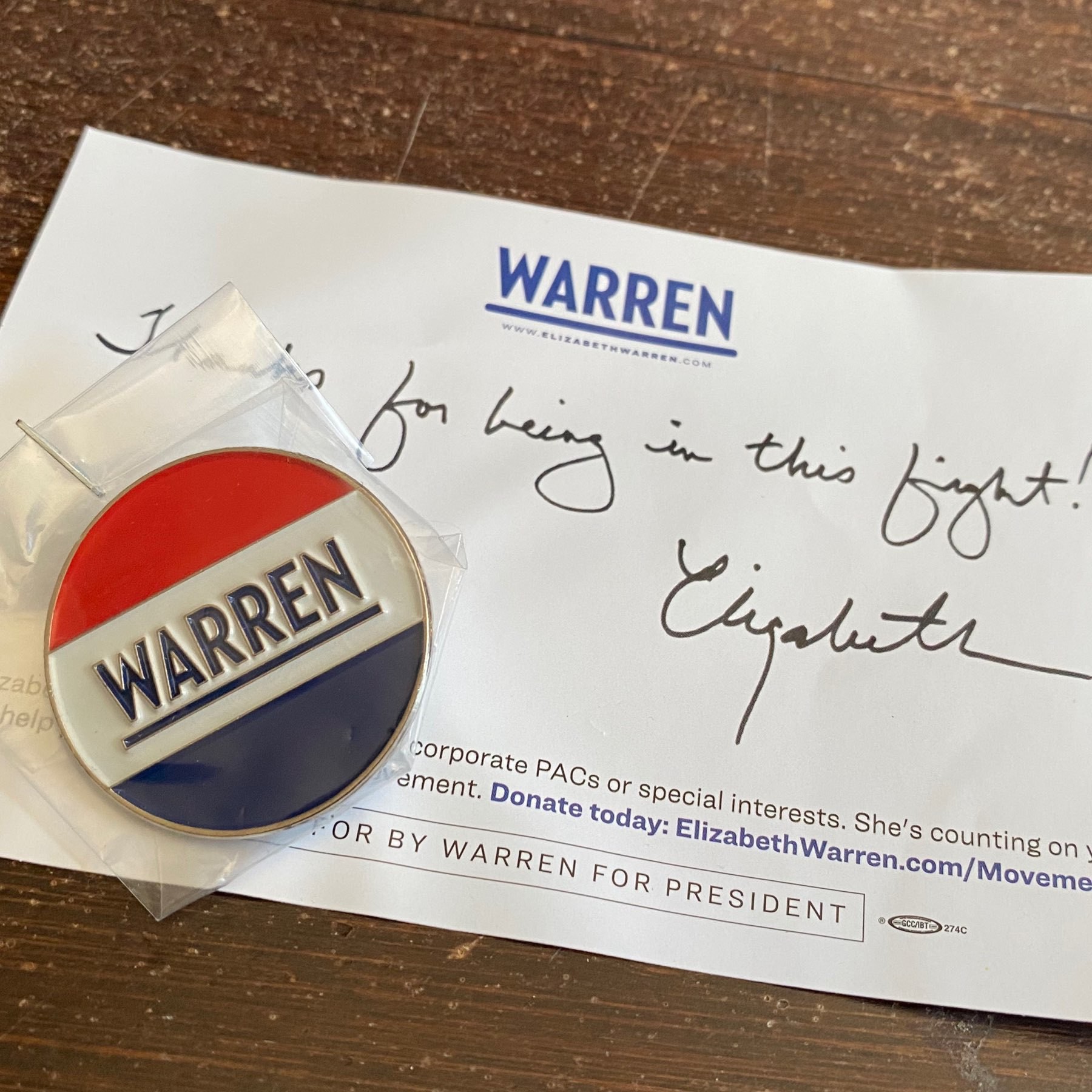 thank you note and enameled pin from Warren for president