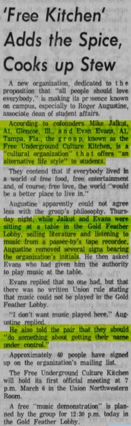 Newspaper clipping with highlighted text detailing the actions of a 1969 University of Iowa club, known as the Free Underground Culture Kitchen.