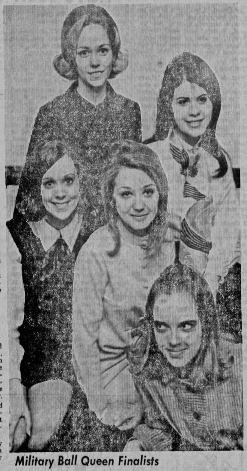 Photo from a 1969 newspaper captioned "Military Ball Queen Finalists." Four smiling young women and a woman looking deviously to the side.
