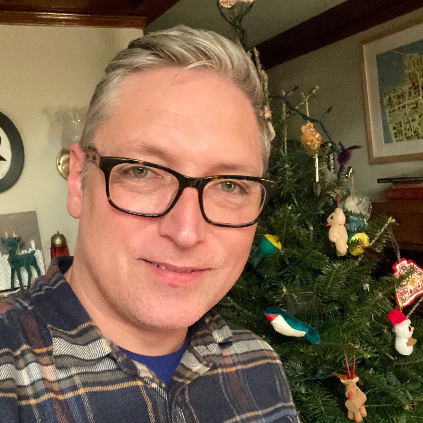 self portrait, caucasian male with glasses and graying hair, backdrop of unlit christmas tree