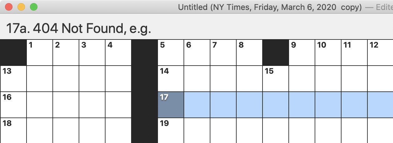 Screenshot of NYT puzzle with 9 letter clue: "404 Not Found, e.g."