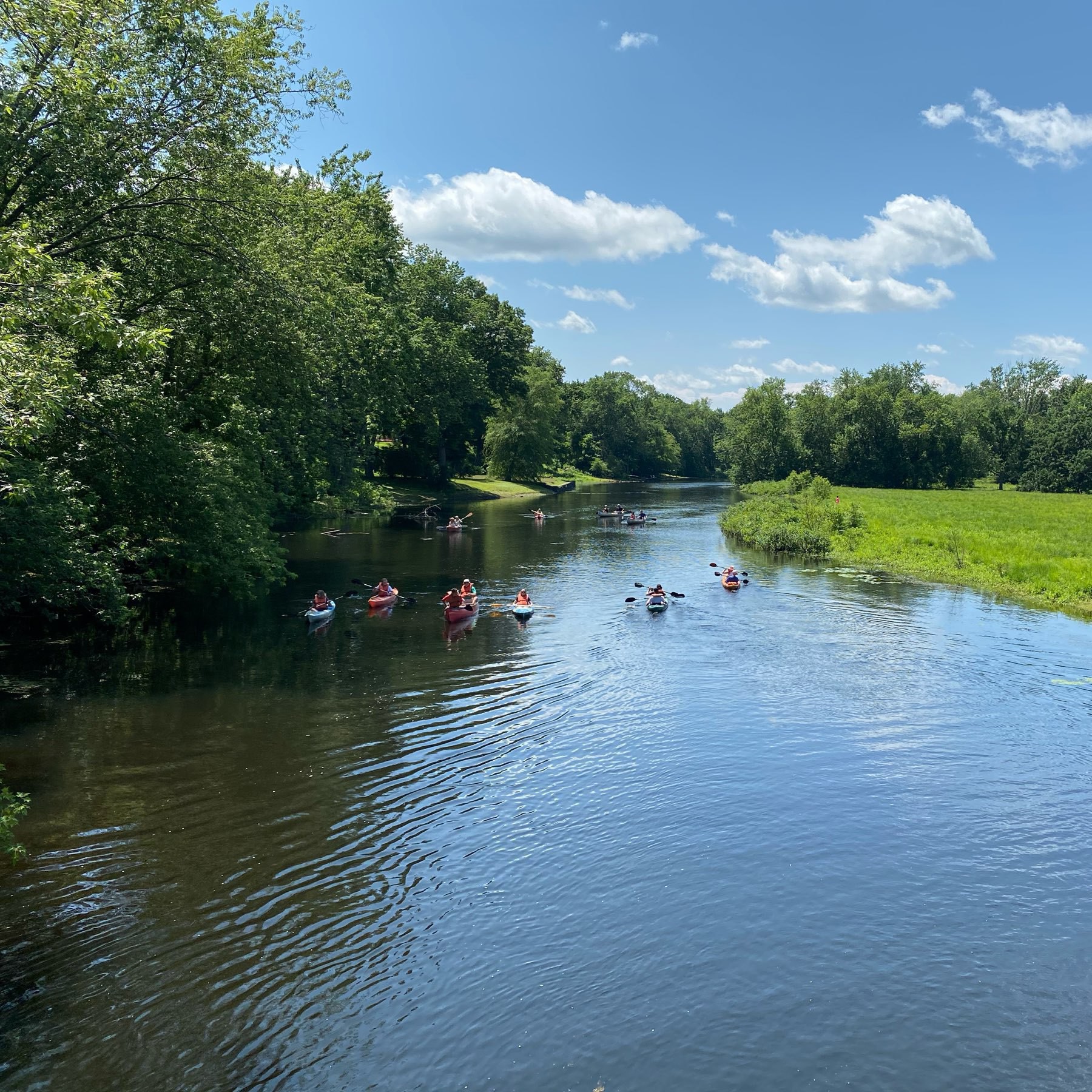 a wide tree lined river with people kayaking and canoeing