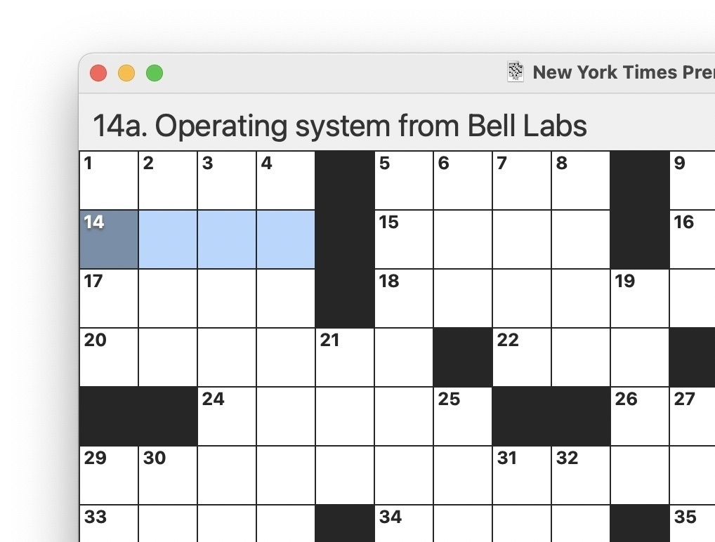 Screenshot of a crossword grid with 14 across highlighted, 4 letters, "Operating system from Bell Labs"
