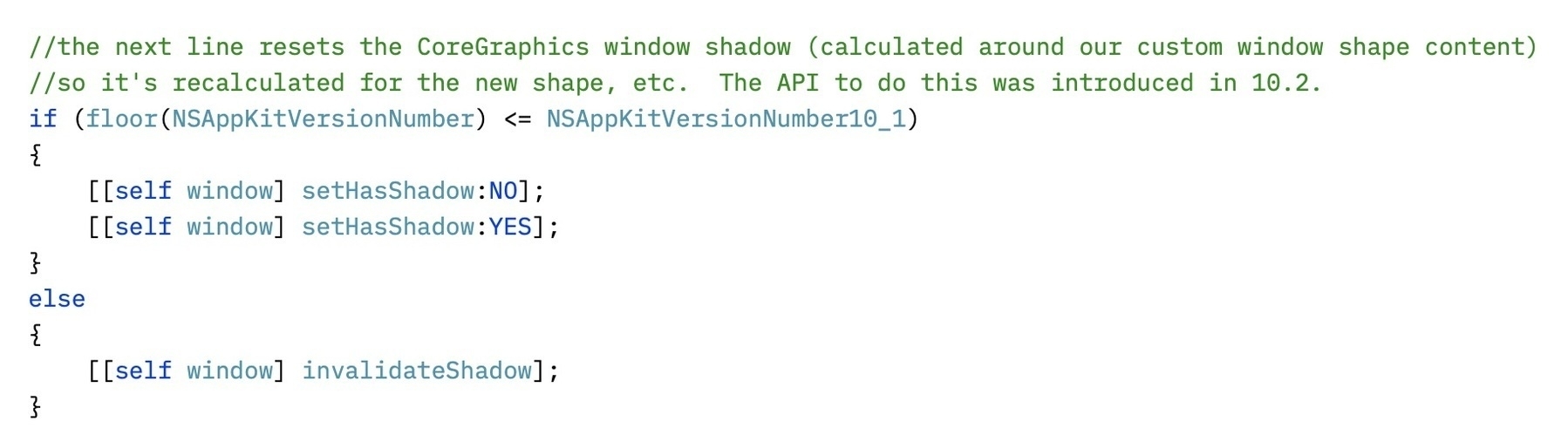 Screenshot of source code showing comments about NSWindow invalidateShadow not being available until Mac OS X 10.2.