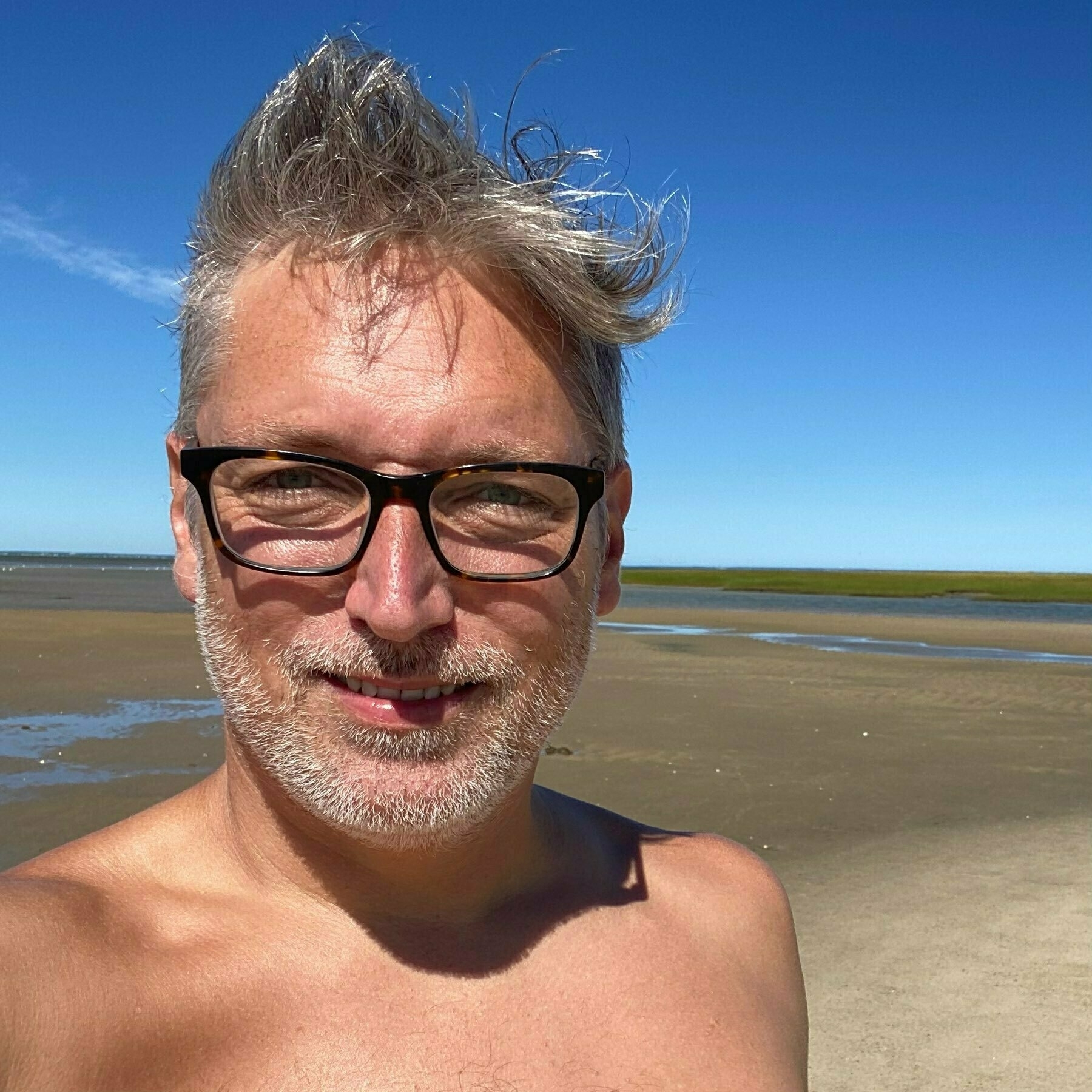 Selfie with no shirt, hair pointing in two Got my hair fixed up real nice. directions, and a long flat beach behind me.