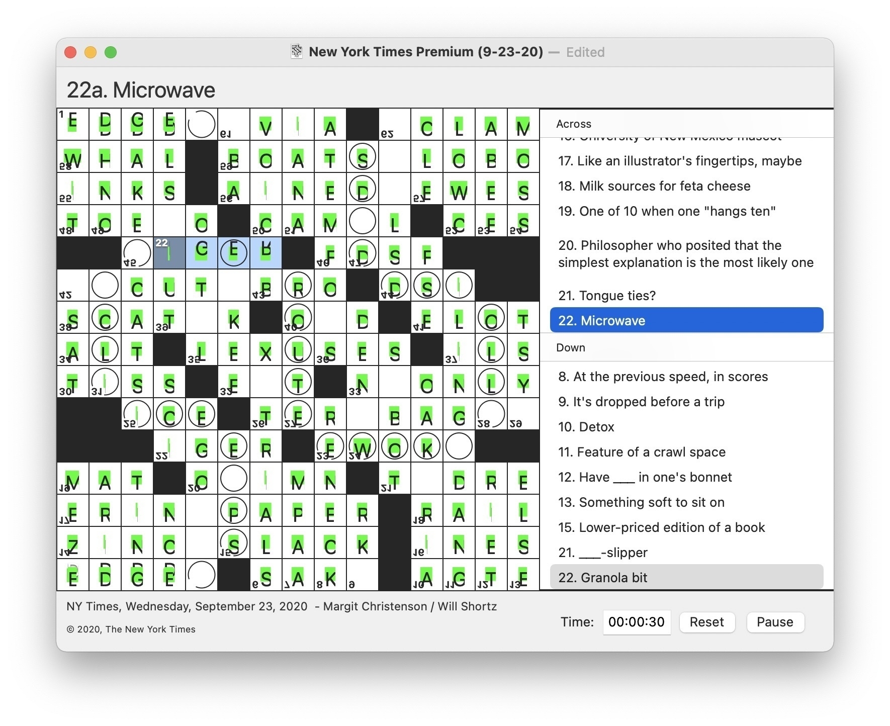 Screenshot of Black Ink with garish green highlights, clipped text, and upside-down clue numbers.