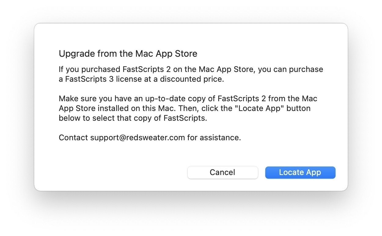 Screenshot of a Mac alert offering to upgrade users from the Mac App Store version of FastScripts to FastScripts 3.