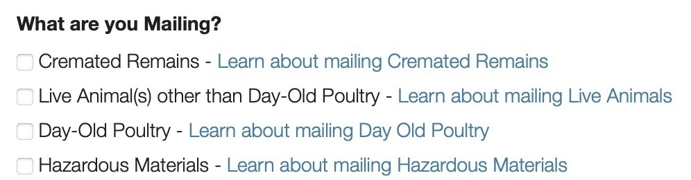 Screenshot of checkbox options from USPS listing options for Cremated Remains, live animals other than day-old poultry, day-old poultry, and hazardous materials.