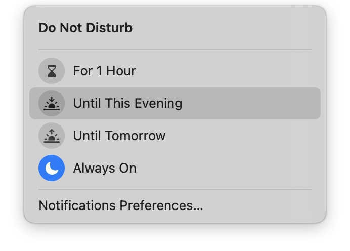 Screenshot of Do Not Disturb options with "Always On" selected.