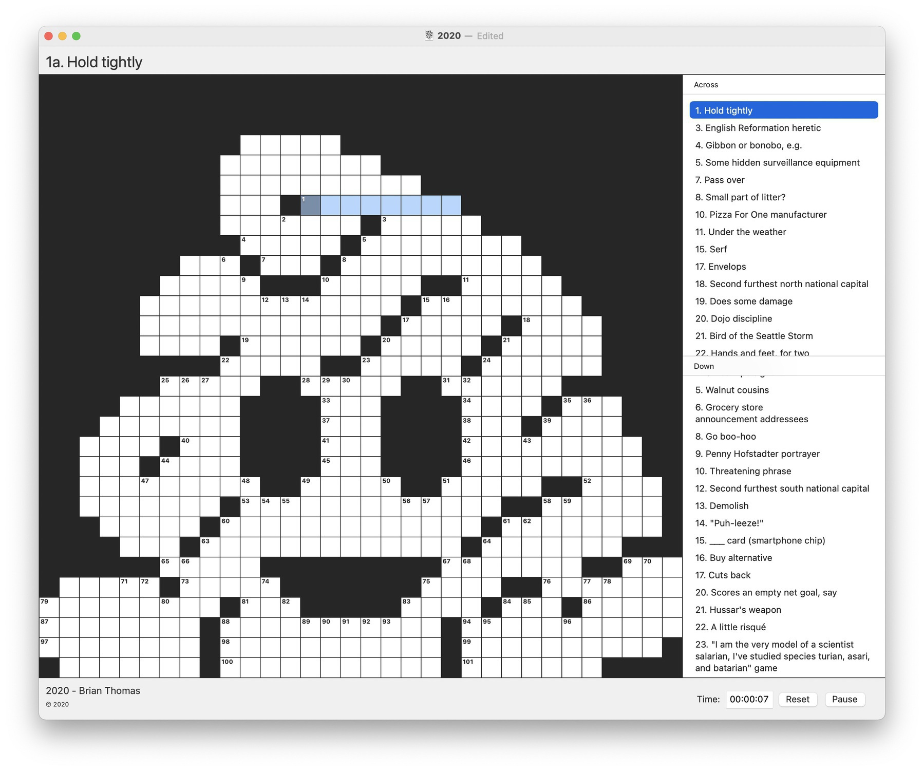 Screenshot of a Mac window with a crossword puzzle in the shape of a ghostly figure.