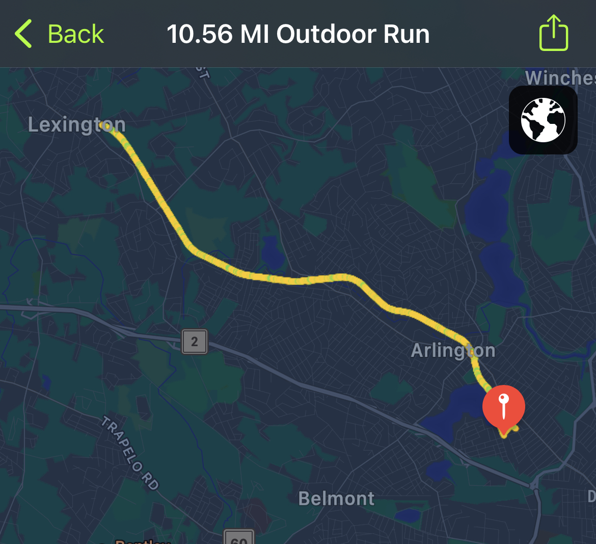 screenshot of Apple Fitness route map showing a 10.5 mile run from Arlington to Lexington, MA