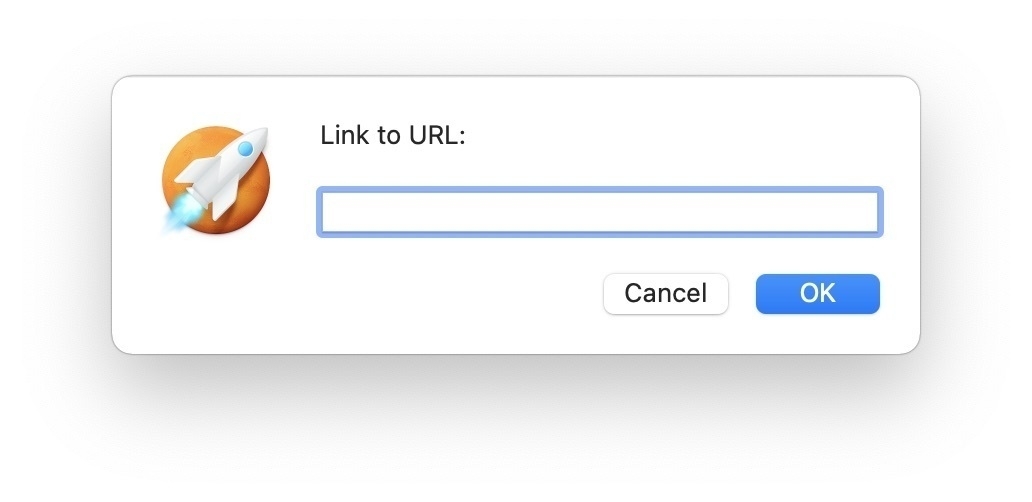 Screenshot of a panel with application icon stating "Link to URL:" and prompting for text input.