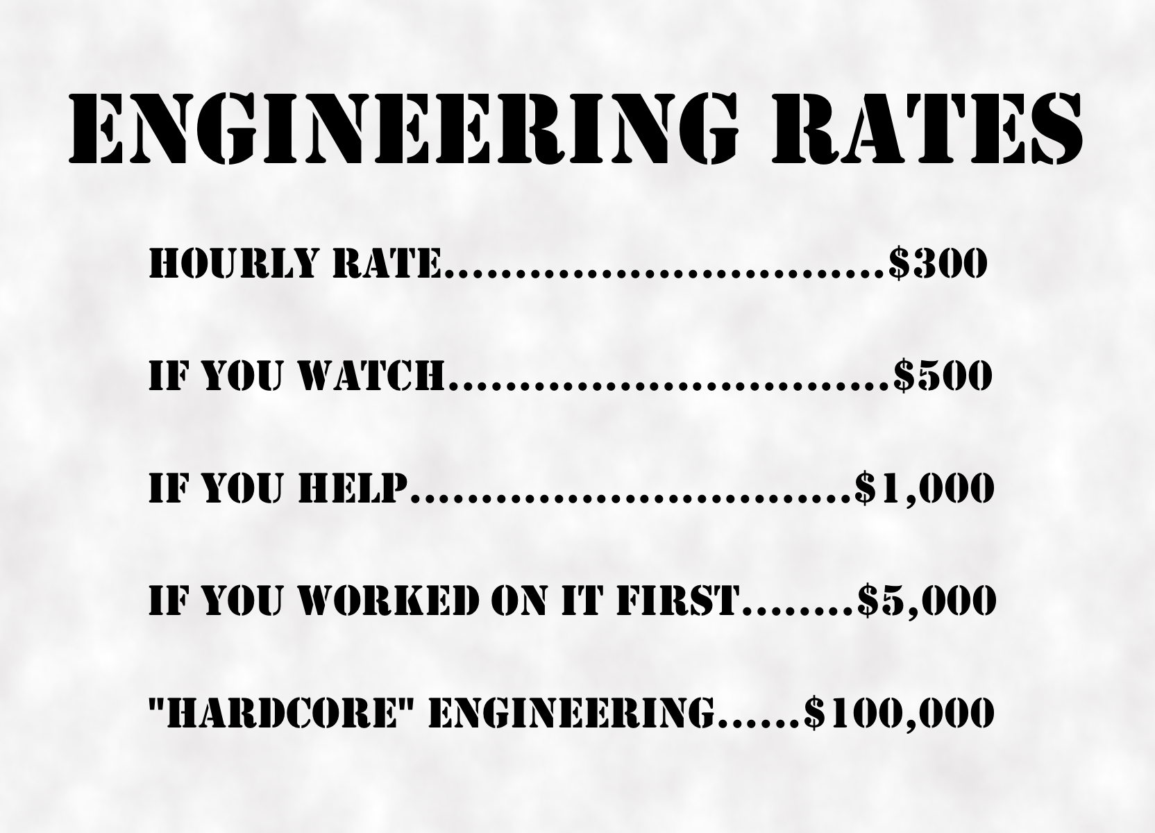 A list of "Engineering Rates" proceeding from a baseline $300 hourly rate to $500 "If you Watch", $1000 "If You Help", $5000 "If you worked on it first", and $100,000 for "Hardcore Engineering."