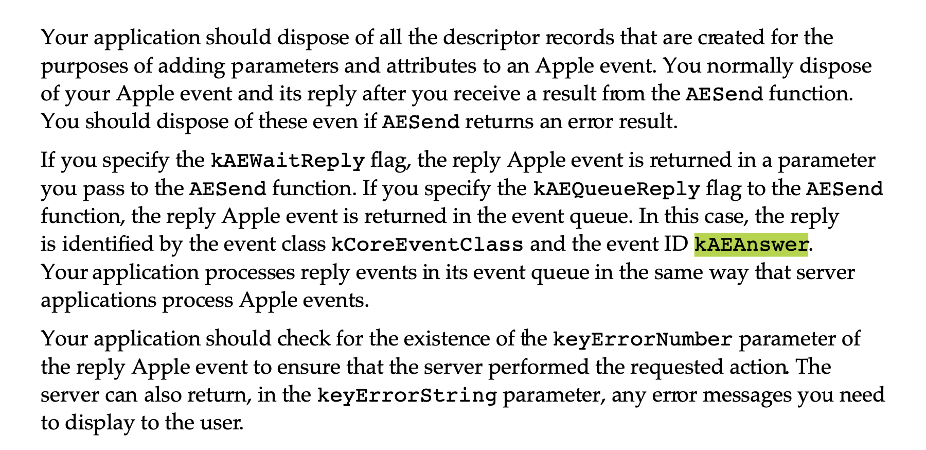 Screenshot of documentation from Apple's original Inside Mac series of programming references, revealing detailed explanations of the process of sending AppleEvents and what to expect in return.