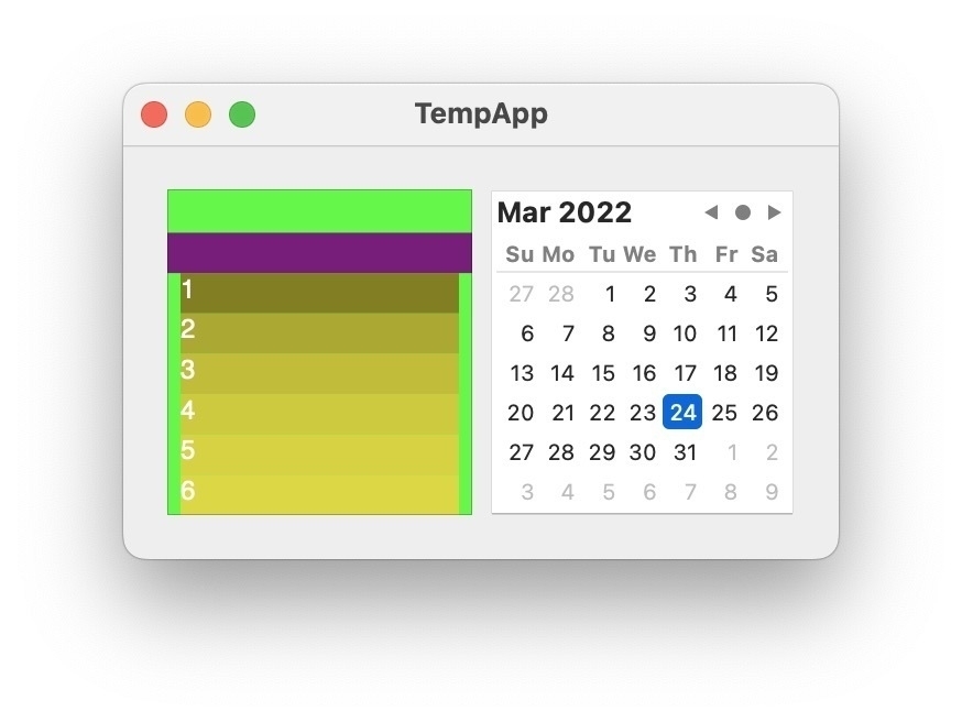 Screenshot of work in progress on a custom calendar view to mimic Apple's NSDatePicker in calendar mode.
