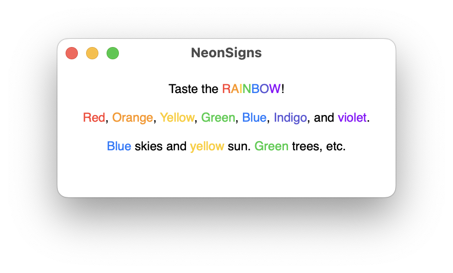 screenshot of text editor window with content highlighted such that all the names of the colors of the rainbow are accordingly colored.